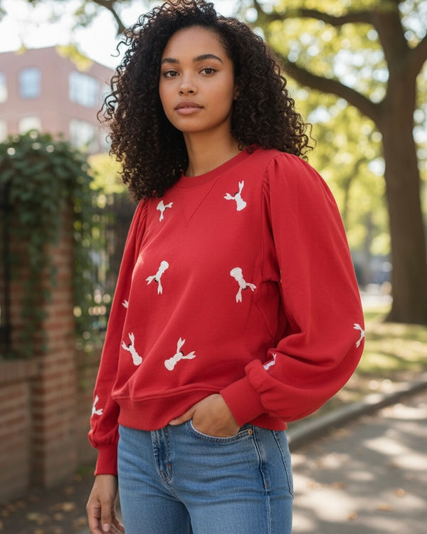 White or Red Lobster Embroidered Long Sleeve Sweatshirt Top