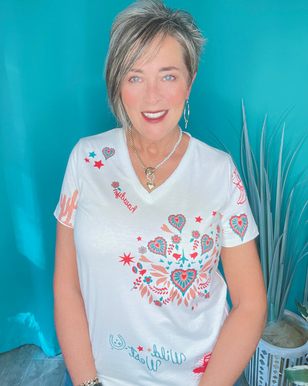 White Wild West T-Shirt Top with Western Cowgirl Flare Hearts