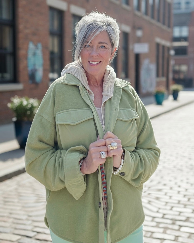 Green or Terra Cotta Fleece Button Down Front Pocket Long Sleeve Shacket