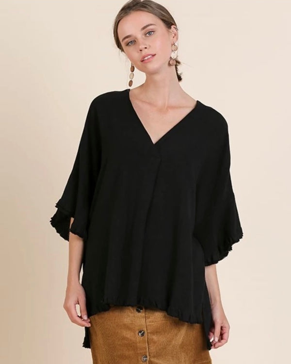 Plus Size Black Linen Blend VNeck Frayed Edge Hi/Lo Bell Sleeve Top