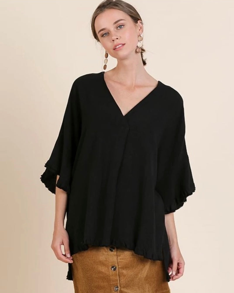 Plus Size Black Linen Blend VNeck Frayed Edge Hi/Lo Bell Sleeve Top