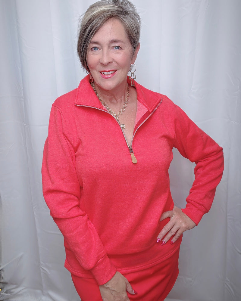 Red, Purple or Burgandy Solid Miley Quarter Zip Long Sleeve Pullover Basic Top