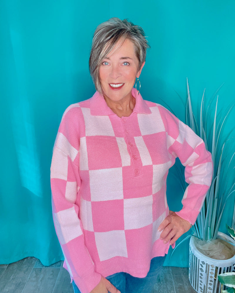 Pink Checkered Drop Shoulder Long Sleeve Sweater