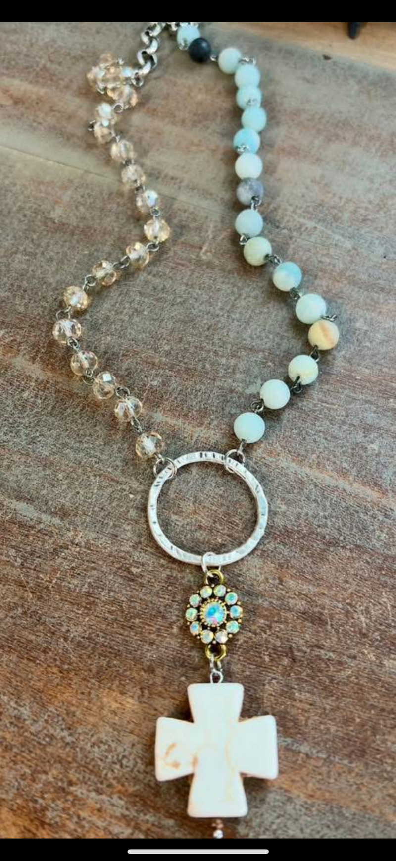 Multicolor Bead on Gun Metal Link Chain White Stone Cross Pendant Necklace