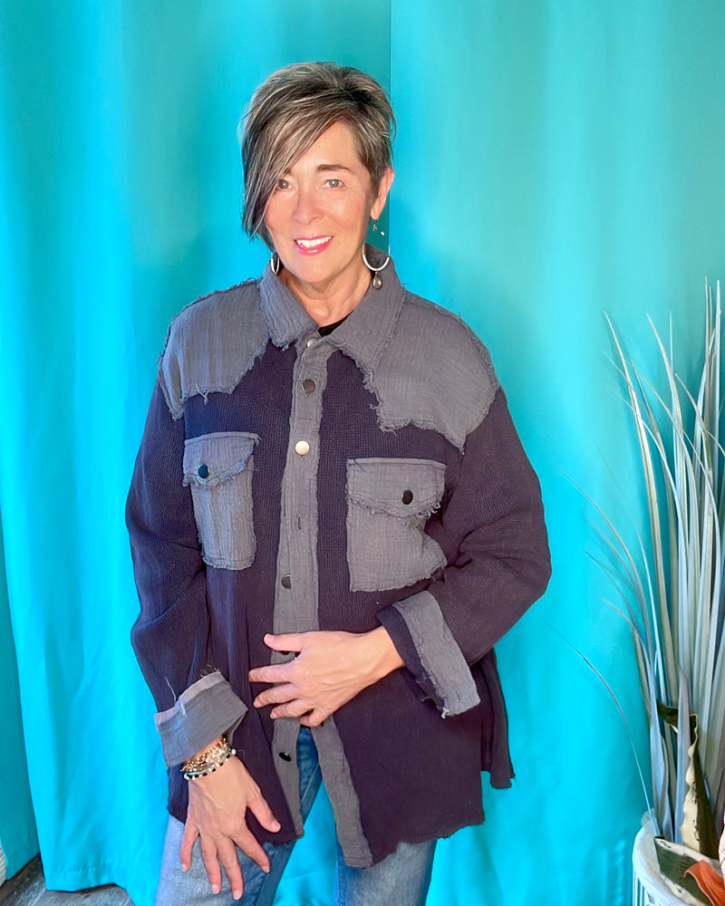 Midnight Navy Gray Blue Waffle Gauze Mix Media Long Sleeve Button Down Shacket