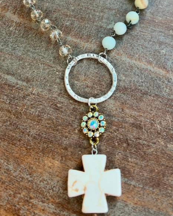 Multicolor Bead on Gun Metal Link Chain White Stone Cross Pendant Necklace
