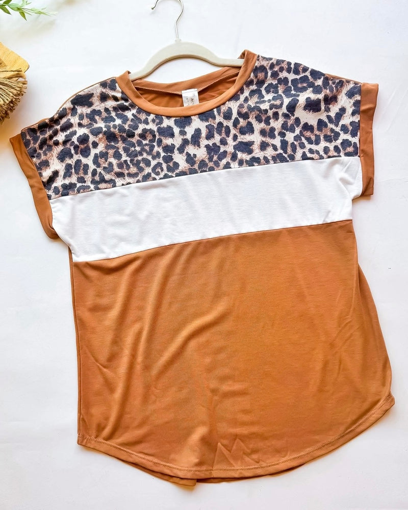 Brown, White & Leopard Color Block Short Sleeve T-Shirt Top