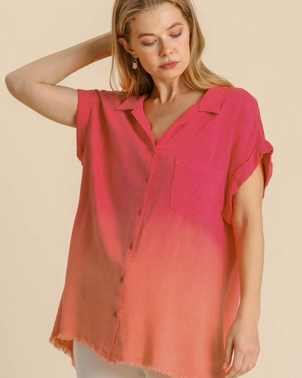 Plus Size Coral & Red or Mint & Yellow Ombre' Button Down Short Sleeve Fray Edge Top