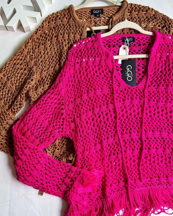 Pink or Brown Hollowed Long Sleeve Tie Neck Fringe Knit Sweater Top