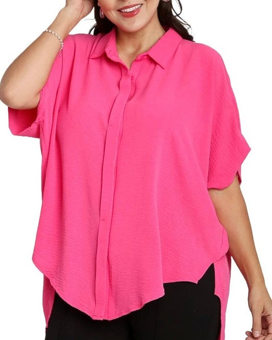 Pumpkin, Black, Pink, Red, Teal or Purple Flowy Boxy Short Sleeve Button Front Blouse