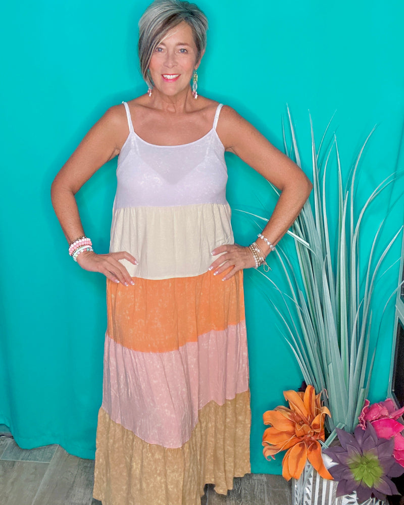 Multicolor Washed Lavender, Orange & Rose Tiered Block Cami Midi Spaghetti Strap Sundress