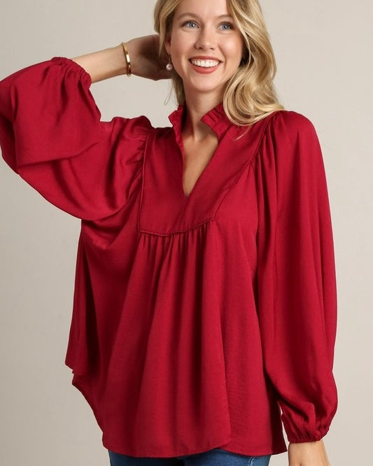 Burgandy Red Satin Long Sleeve Ruffle Open Yoke Neck Top