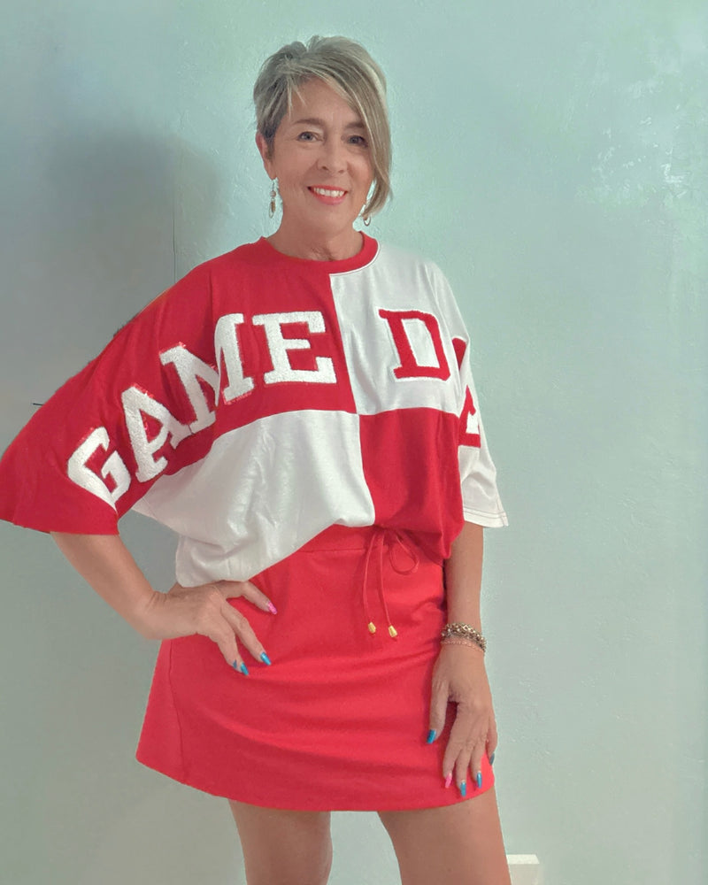 Huddle Up Color Block "Game Day” Chenille Patch 3/4 Sleeve Pullover Top