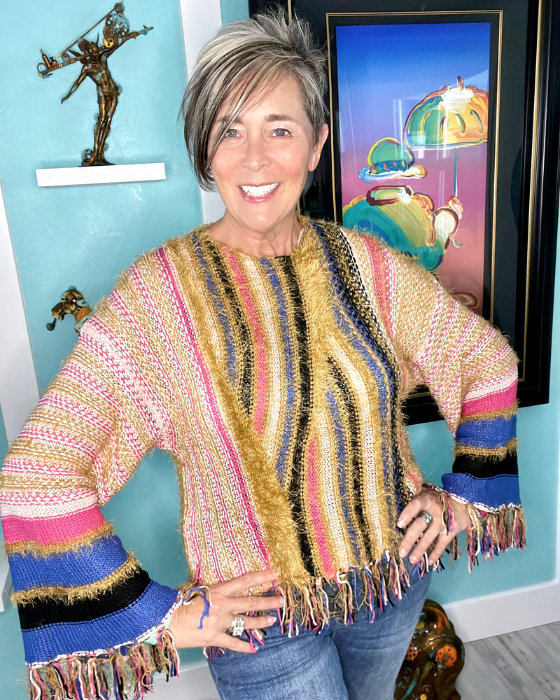 Brown & Magenta Multicolor Stripped Scoop Neck Boxy Drop Shoulder Bell Sleeve Fringe Sweater Top