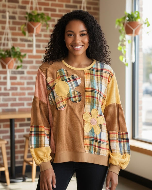 Boho Brown, Yellow & Peach Patchwork Waffle Plaid Side Slit Loose Pullover Long Sleeve Top