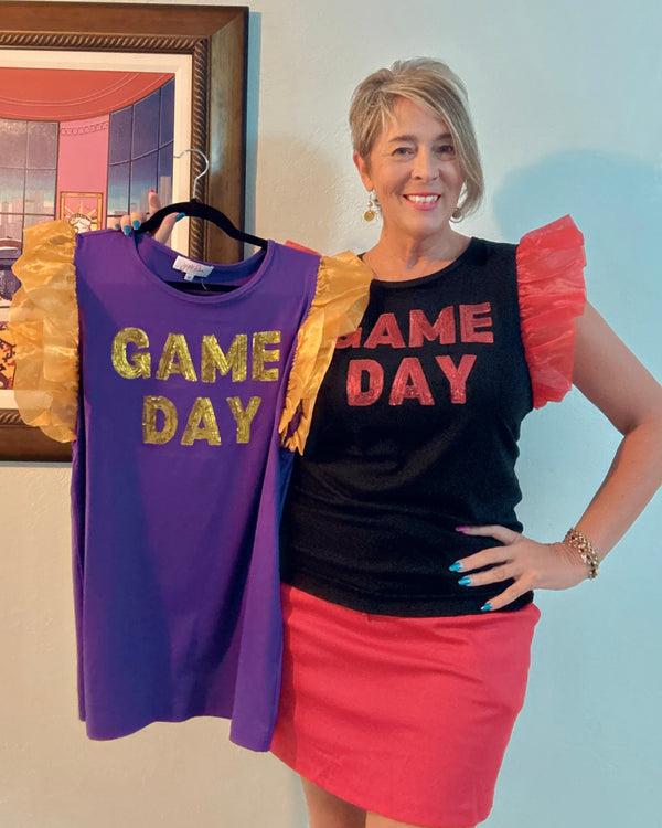 “Game Day" Short Ruffle Sleeve Sequin Patch Top