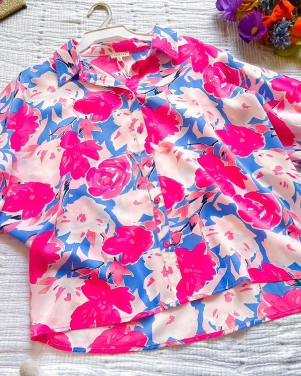 Pink, Blue & White Floral Dolman Short Sleeve Button Front Collared Top