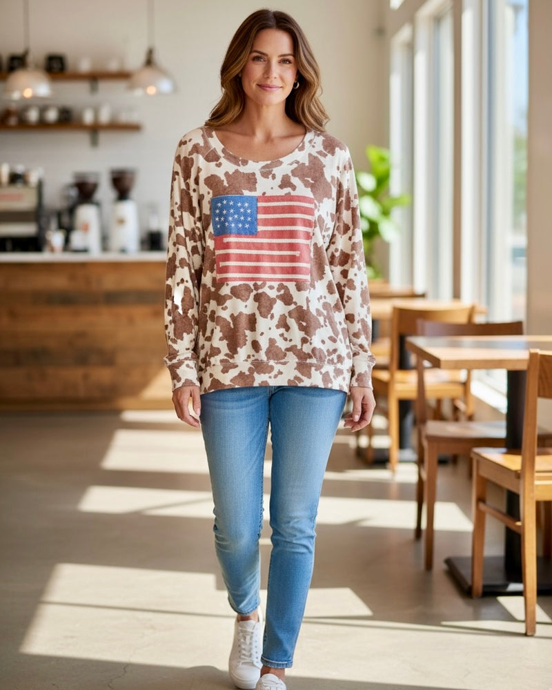 Brown Cow Print with USA American Flag Patch Long Sleeve Top