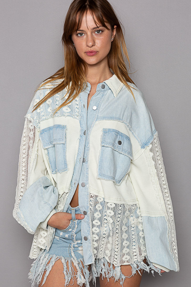 Aqua Teal or Natural Cream Boho Button Down Thermal Crocket Mix Fabric Fray Edge Long Sleeve Oversized Shirt Jacket
