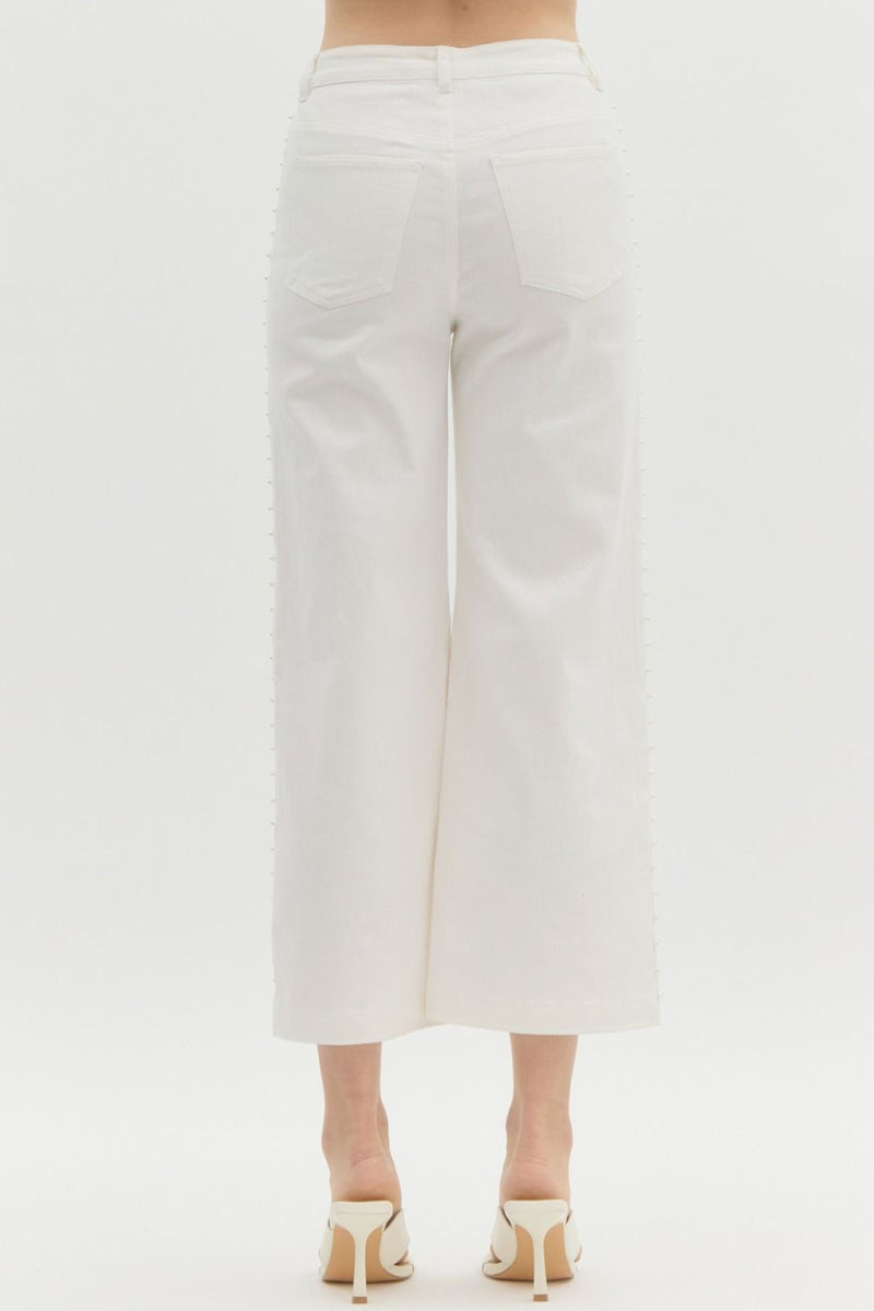 Solid White Pearl Embellished High Waist Wide Leg Crop Ankle Jeans