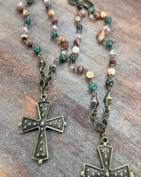 Long Multicolor Beaded Style Necklace with Metal Embrossed Cross Pendant