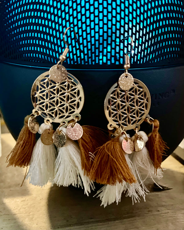 Boho dangle earring ls with brown and cream tassels on round gold medallion