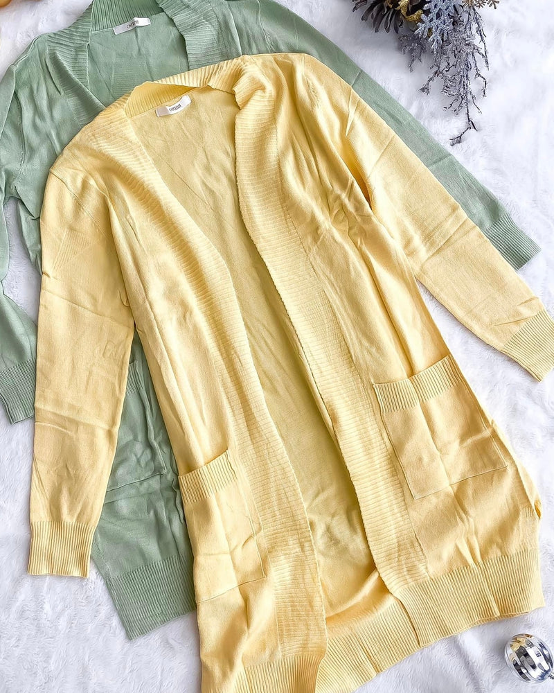 Banana Yellow Long Open Front Pocket Light Cardigan