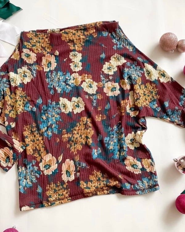 Plus Burgandy Wine Waffle Floral Dolman Sleeve Top