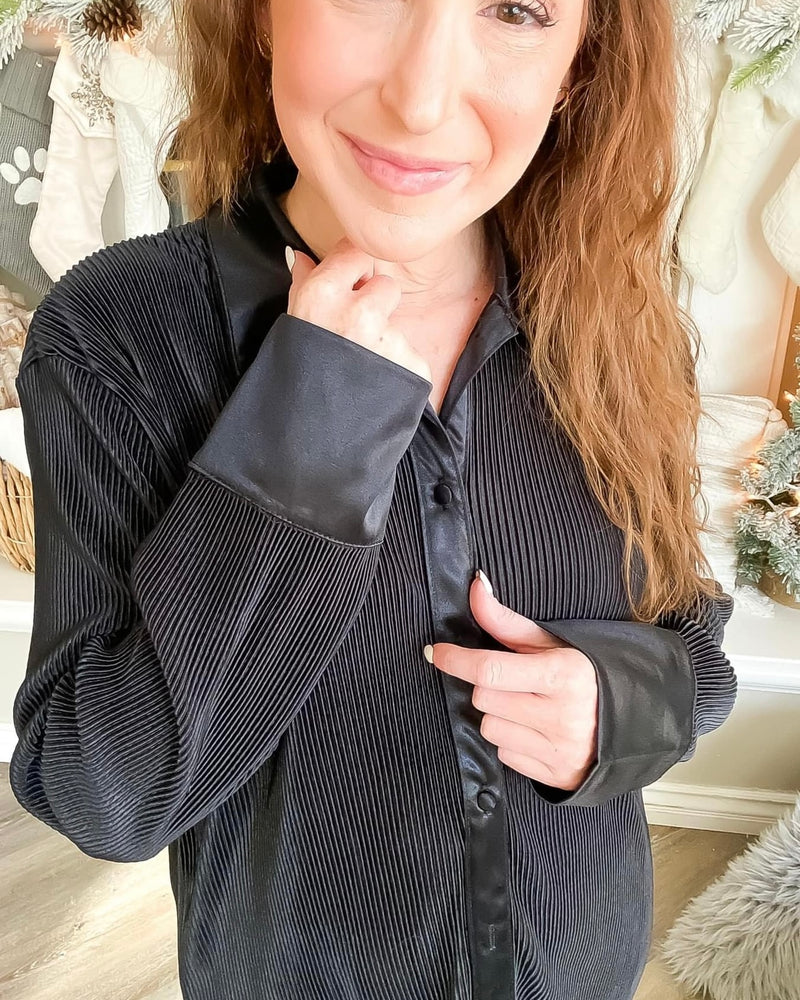 Black Ribbed Button Down Collared Satin Trim Long Sleeve Blouse