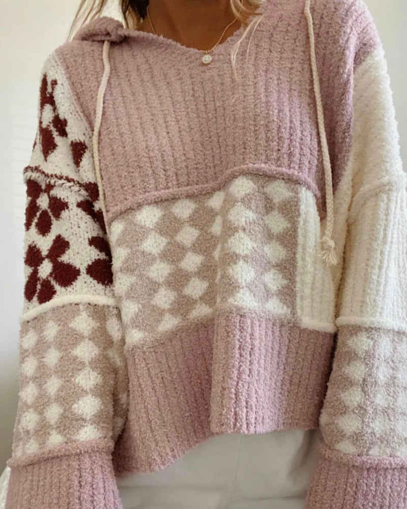 Pink & Cream Checkered Long Bell Sleeve Hoodie Sweater