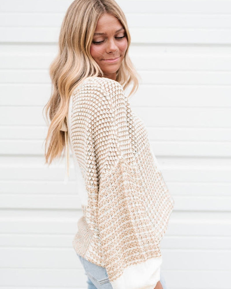 White Cream Sweater w/Tan Texture Block Tie Back