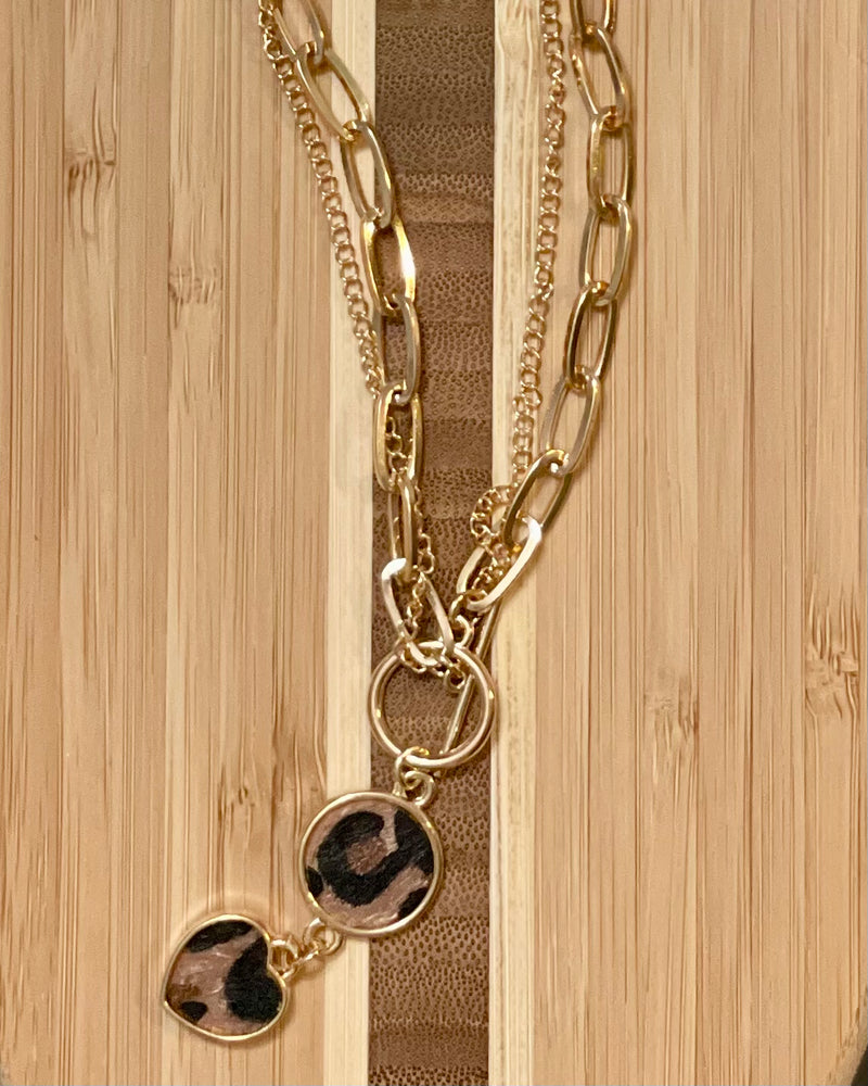 Gold tone double chain Layering leopard Valentine heart Necklace Toggle Closure