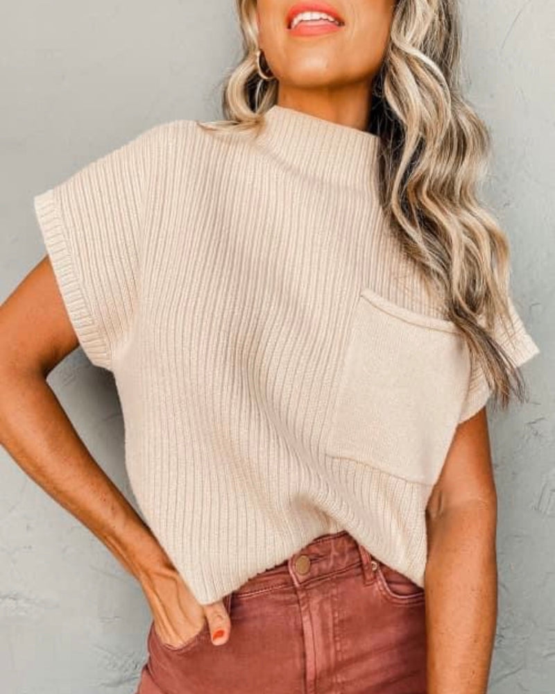 Khaki Tan Cap Sleeve Pullover Sweater Texture Top