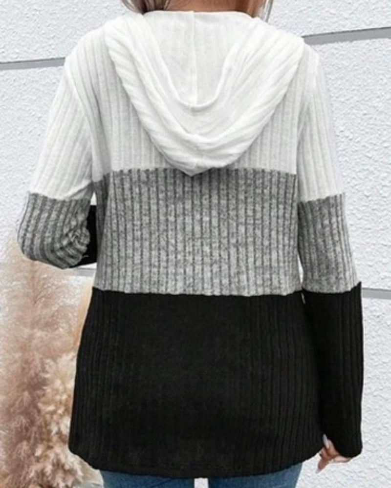 White, Grey & Black Color Block Zip Front Hoodie