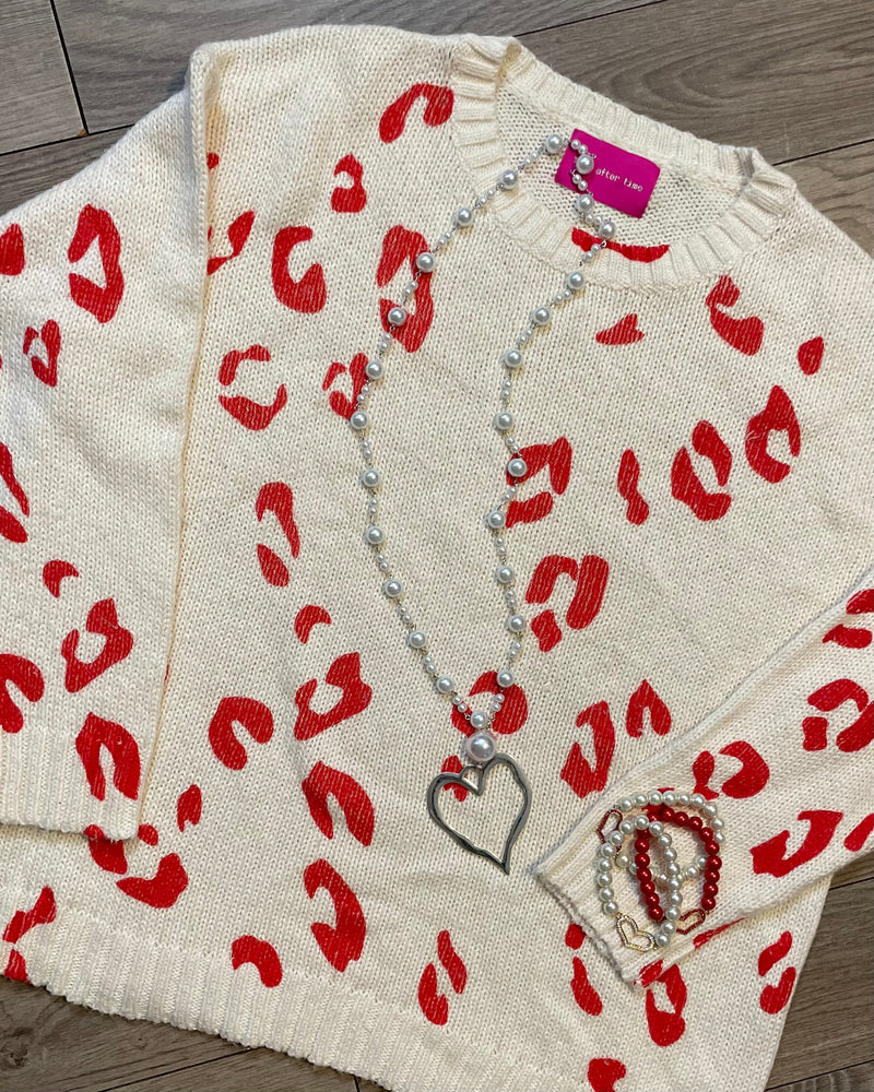 White & Red Animal Print Leopard Sweater Top