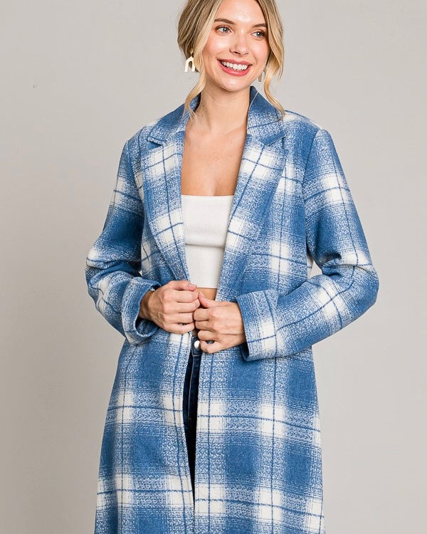 Blue & White Plaid Long Wool Flannel Open Front Coat Shacket