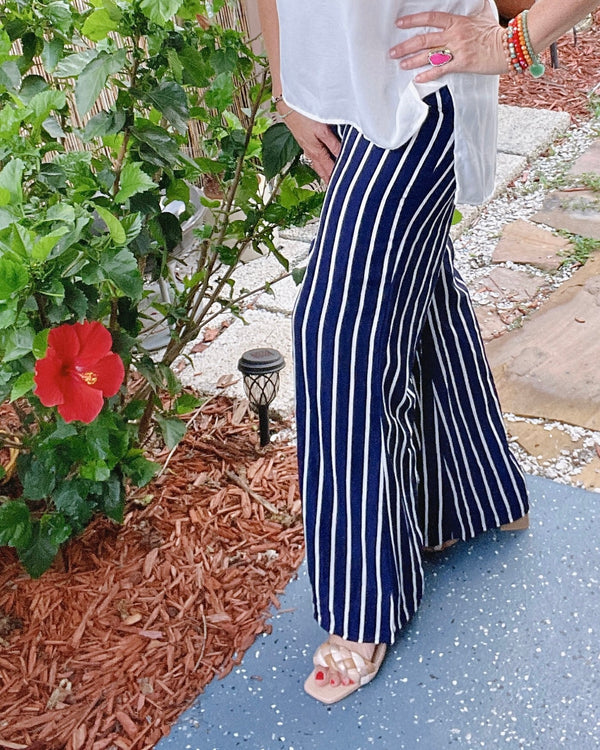 Navy Blue w/White Stripe Wide Leg Pants