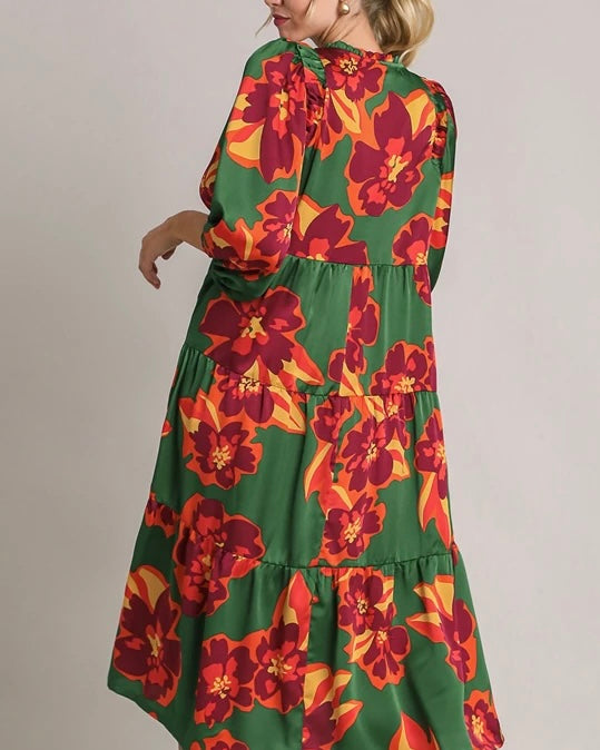 Green w/Red & Orange Bold Floral Print Dress
