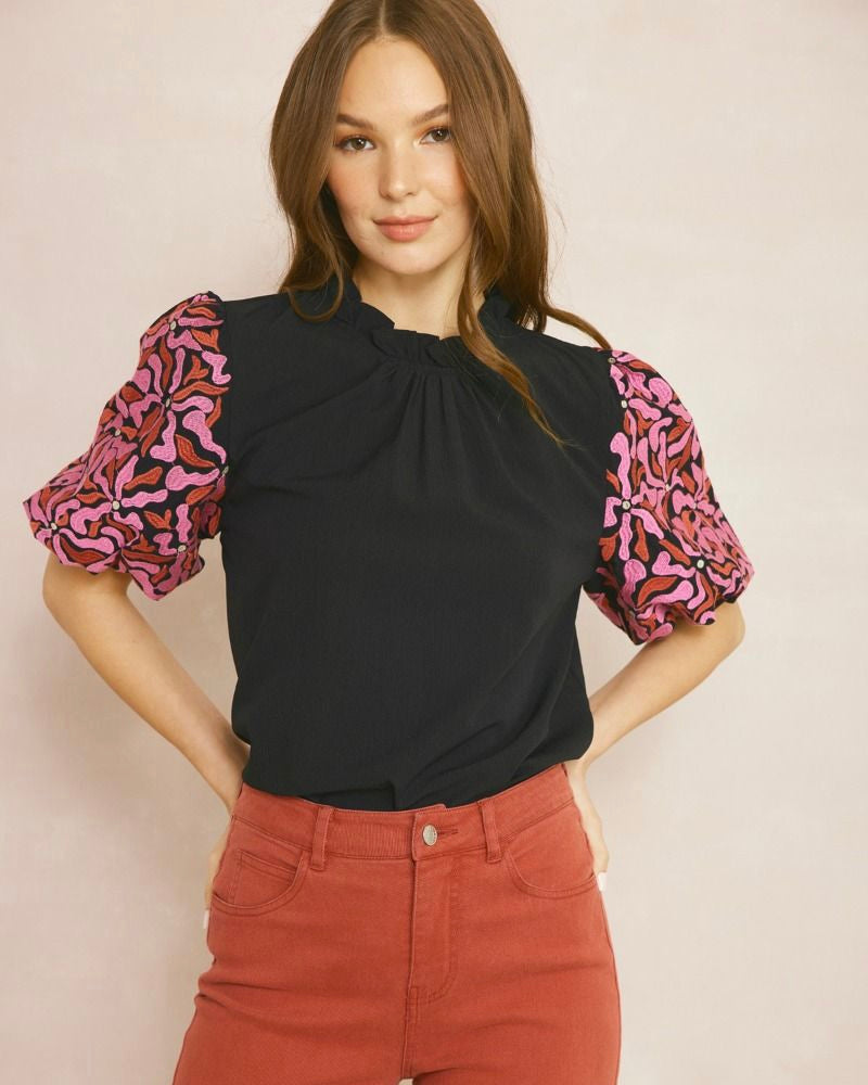 Black Solid Mock Neck Contrasting Pink/Red Embroidery Puff Sleeve Top