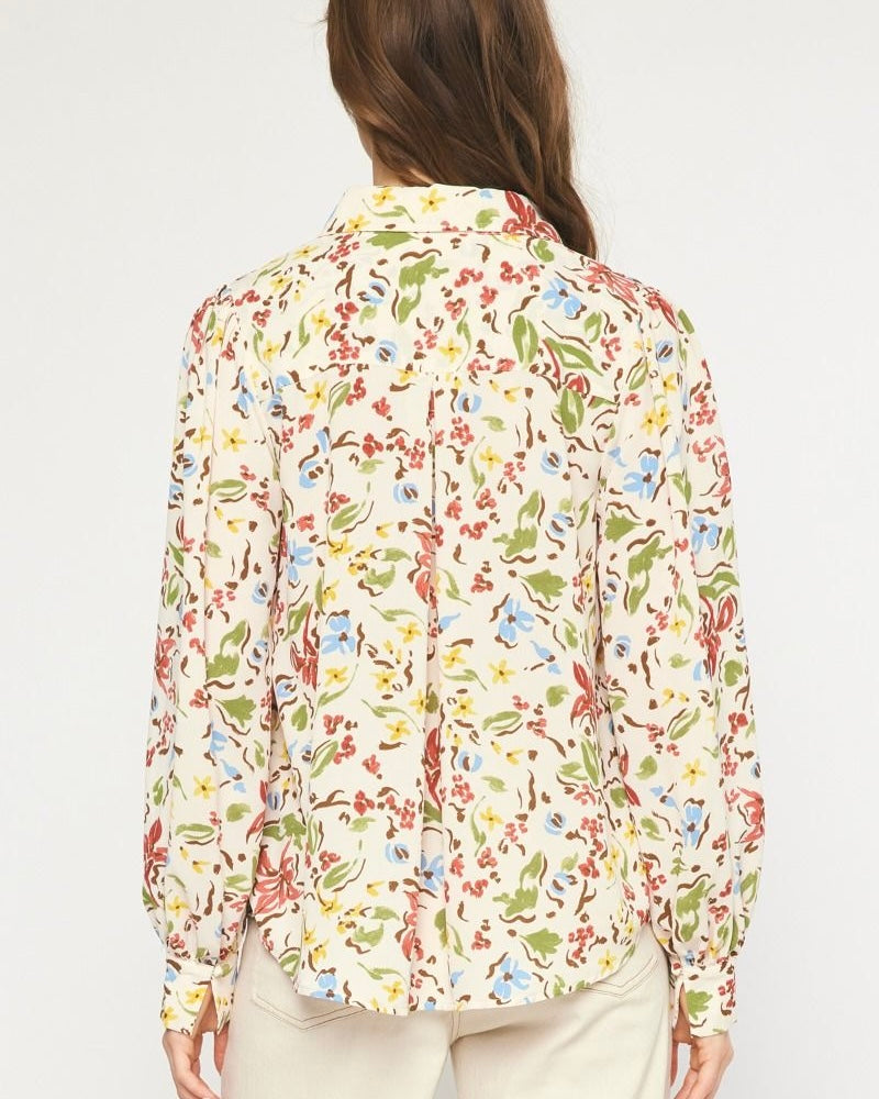 Cream Multi Floral Print Collared Button Up Long Sleeve Balloon Blouse