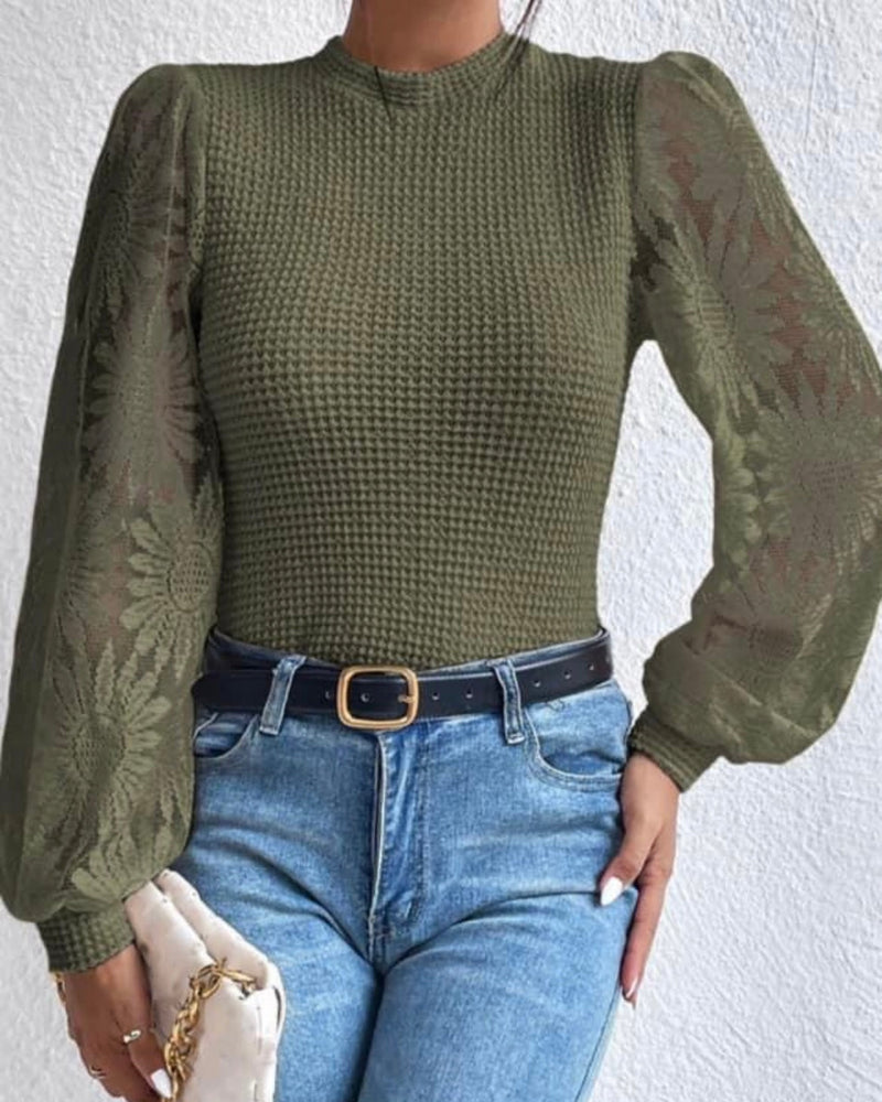 Army Green Waffle Fabric Pullover with Lace Puff Sleeves
