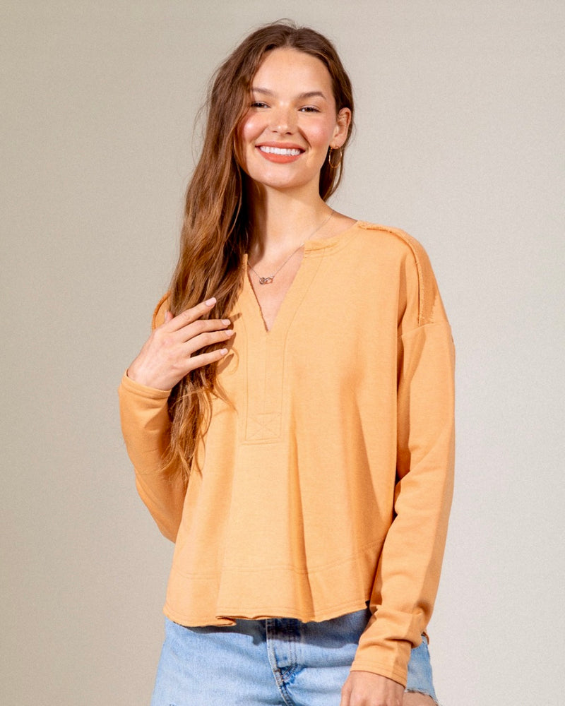 Solid Salmon Terra Cotta Knit Raw Edge Top with Long Sleeves