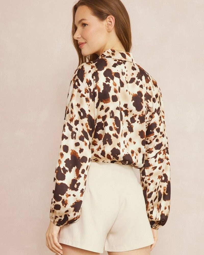 Brown Tone Leopard Animal Print V-Neck Collared Bodysuit