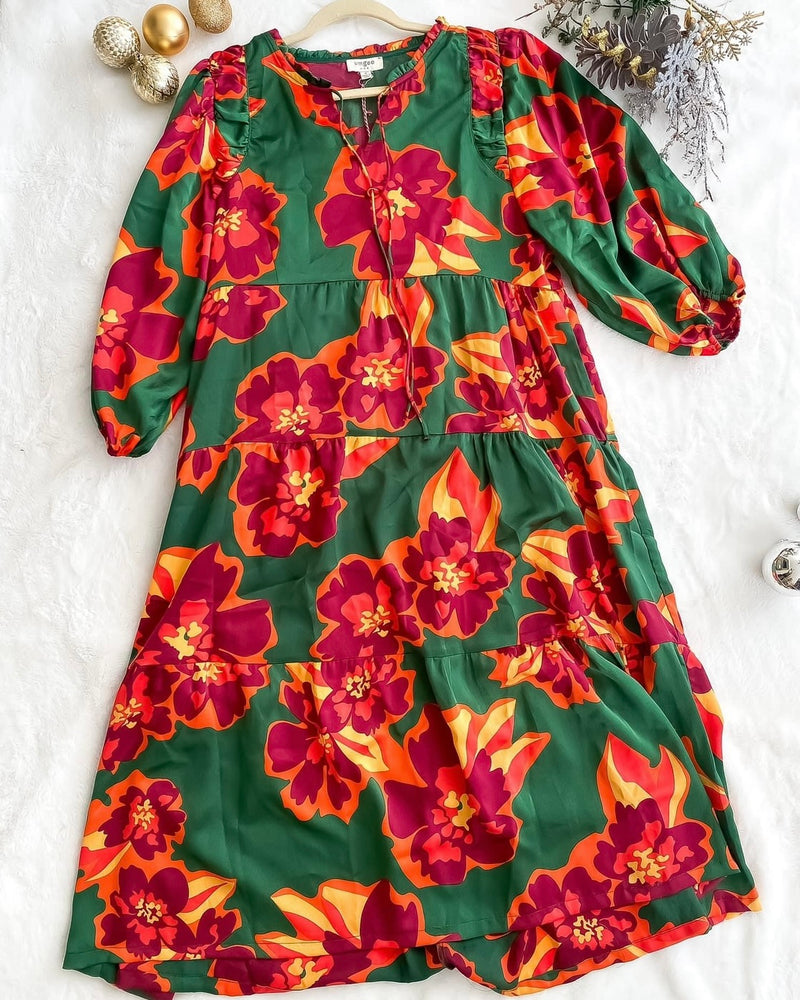 Green w/Red & Orange Bold Floral Print Dress