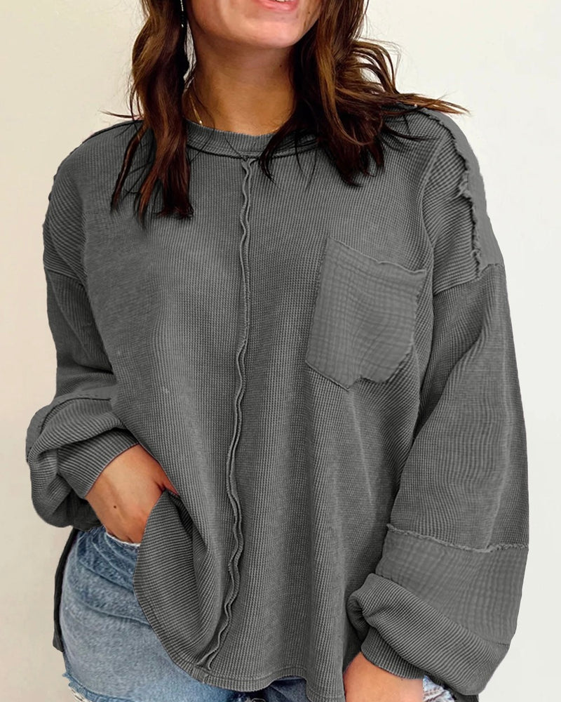 Oversized & Plus Size Grey or Terra Cotta Mix Media Patchwork Fabric Gauze Exposed Seam Waffle Front Pocket Top