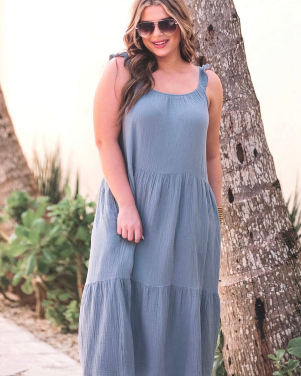 Grey Beach Dress Villa Gauze Sleeveless Tiered Midi Dress