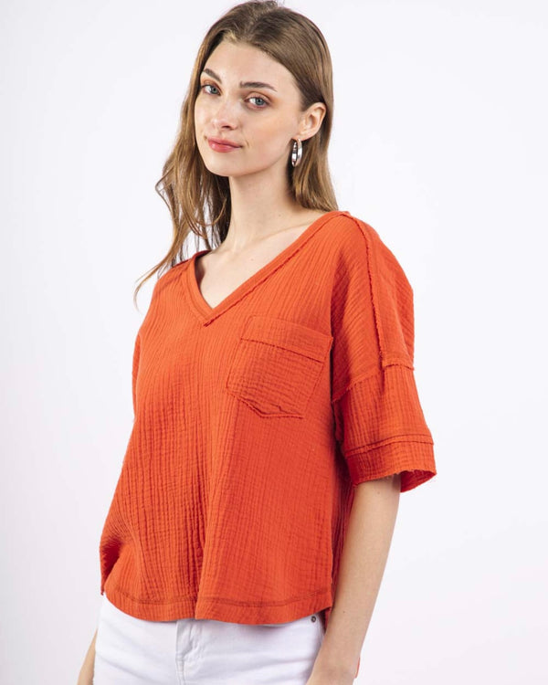 Pumpkin Spice Brick Red Rust Lightweight Gauze Raw Edge Short Sleeve Top