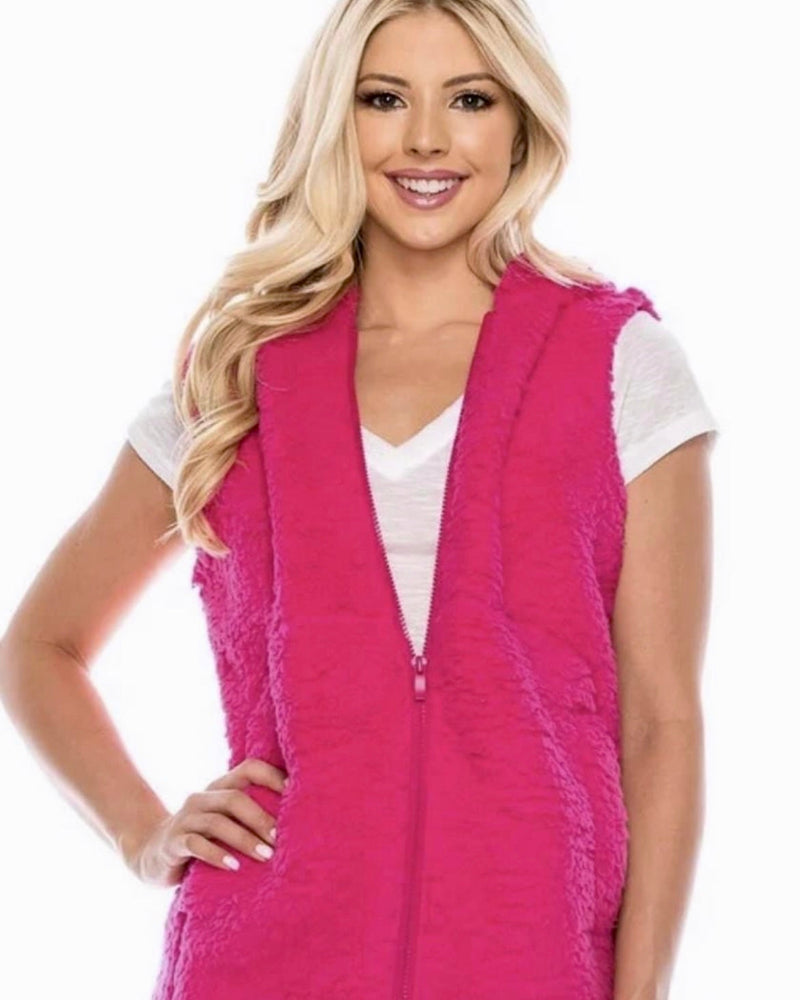 Hot Pink Sherpa Zip Front Pocket Vest with Hoodie