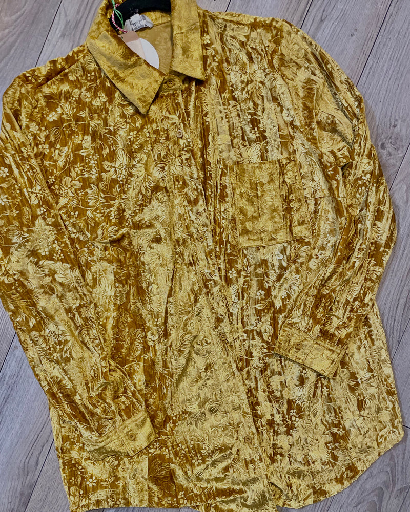 Blue or Gold Velvet Textured Embossed Button Down Long Sleeve Holiday Party Blouse