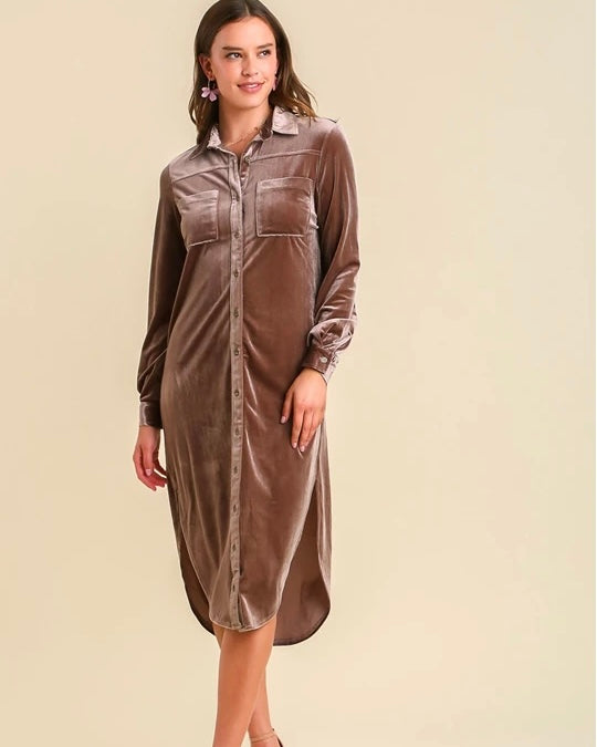 Brown Taupe or Spice Velvet Button Front Long Jacket Maxi Dress
